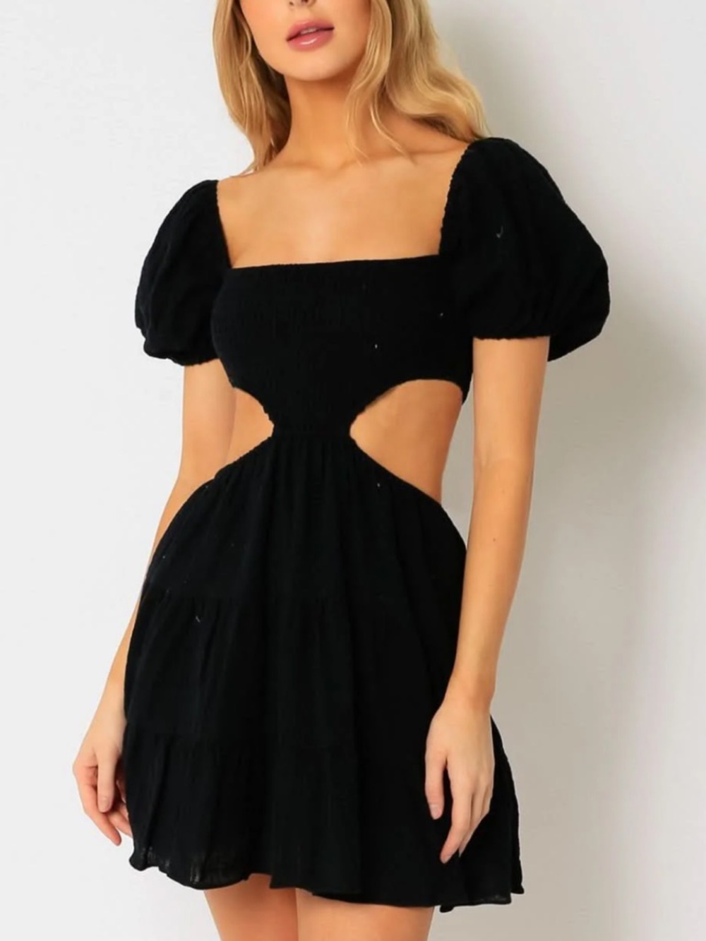 Sky to Moon Black Cutout Puff-Sleeve Mini Dress